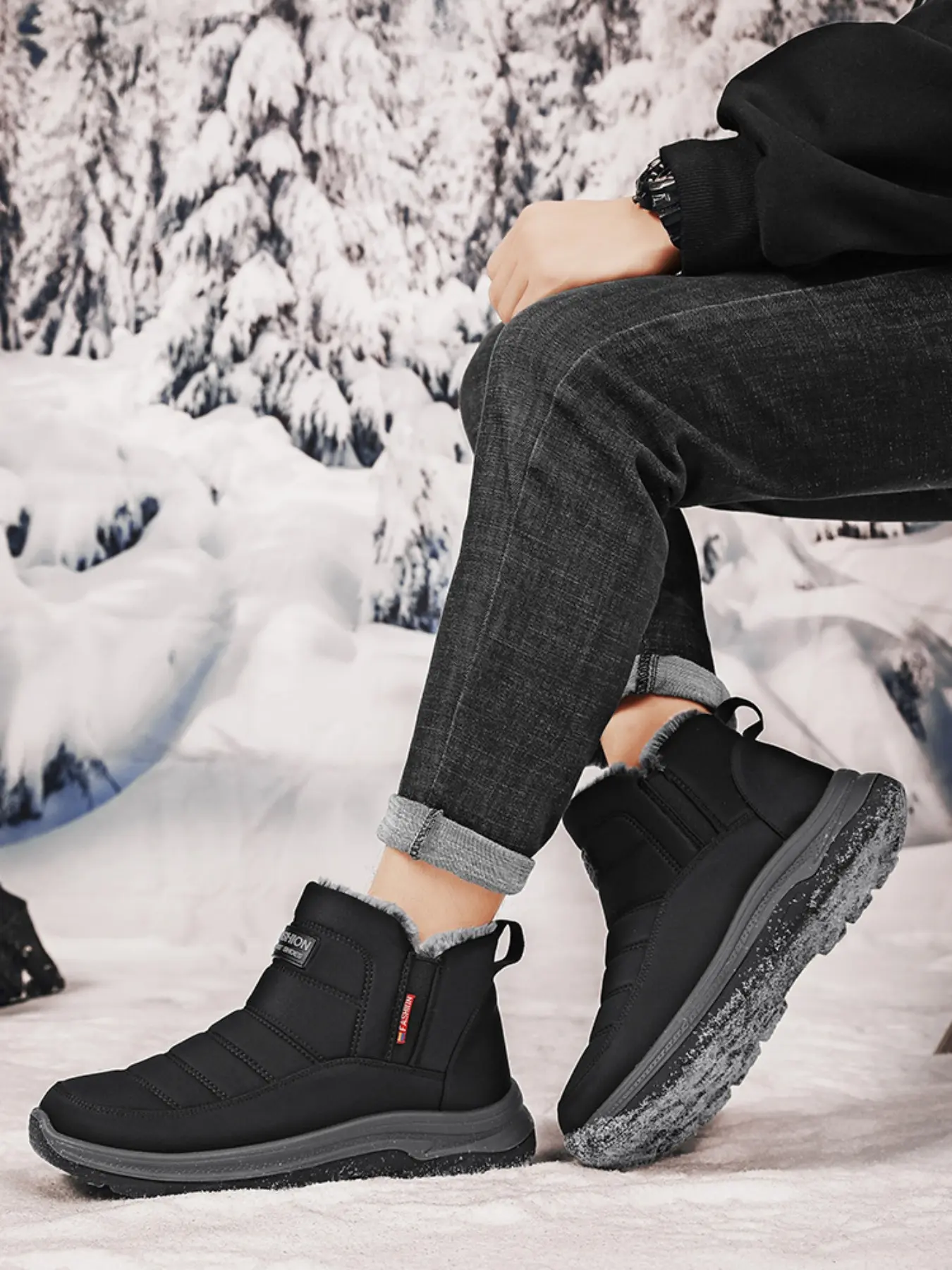 Men's Outdoor Mid-Calf Fluffy Snow Boots Trudge Boots, Waterproof Ankle Boots, Anti-Slip Waterproof Comfortable Fleece Lined Thick Warm Inner Sole, Winter Footwear