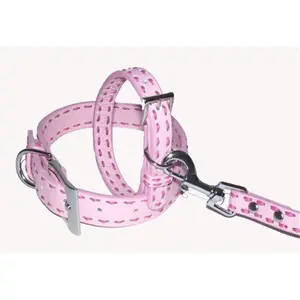 A Pets World  Leather Dog Collar- Lt Pink-Hot Pink Saddle Stitch