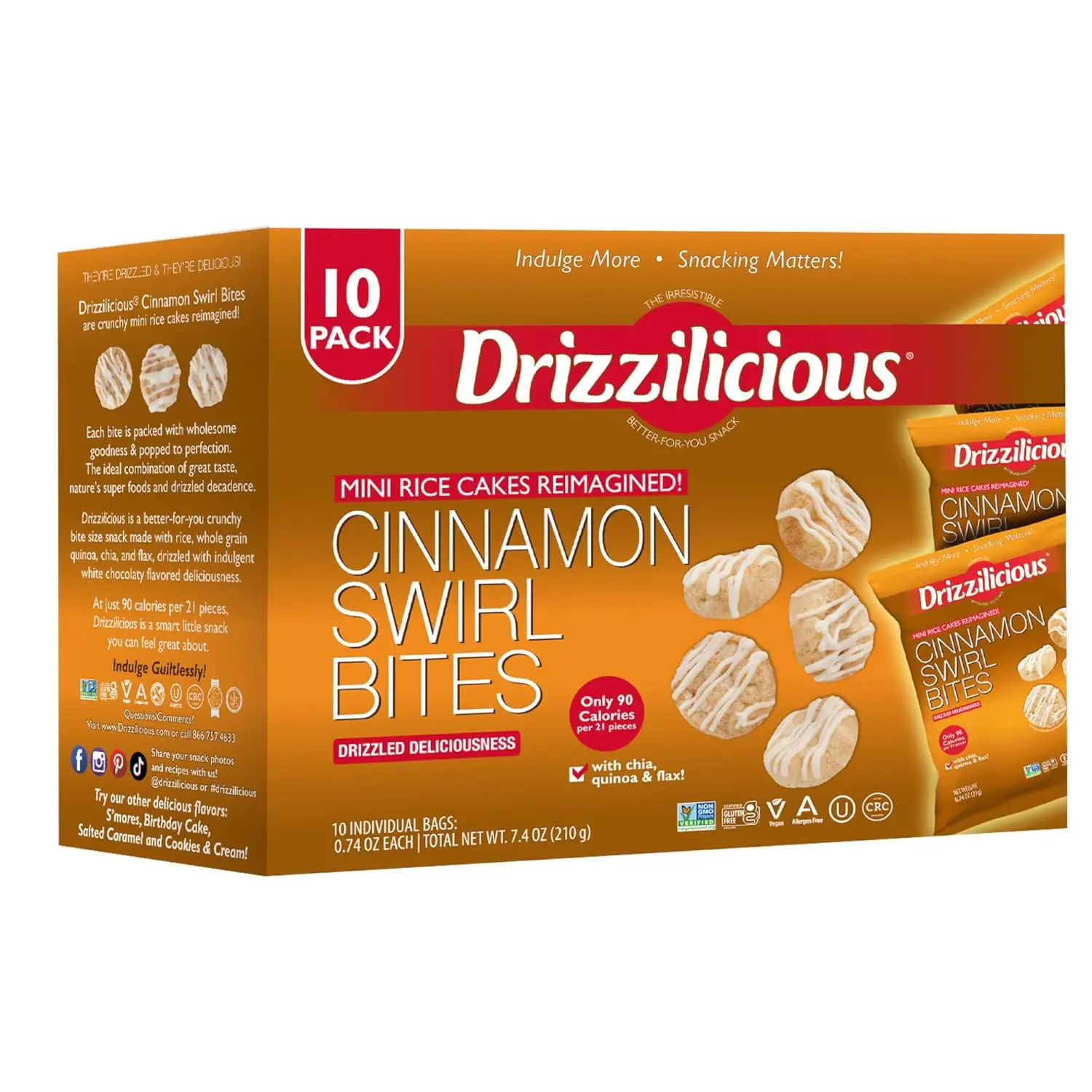 Drizzilicious Mini Flavored Rice Cakes Cinnamon Swirl - Rice Crisps, Healthy Snack for Adults and Kids, Vegan, Gluten Free Snack, Allergen Free, Only 90 Calories Per Bag - 0.74 oz (Pack of 10)