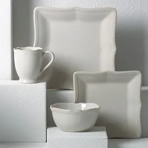 212 MAIN 4-Piece Porcelain Dinnerware Set - Lenox 854796 French Perle Bead White Square Shape Tableware Place Setting for Table Top, Includes Cutlery