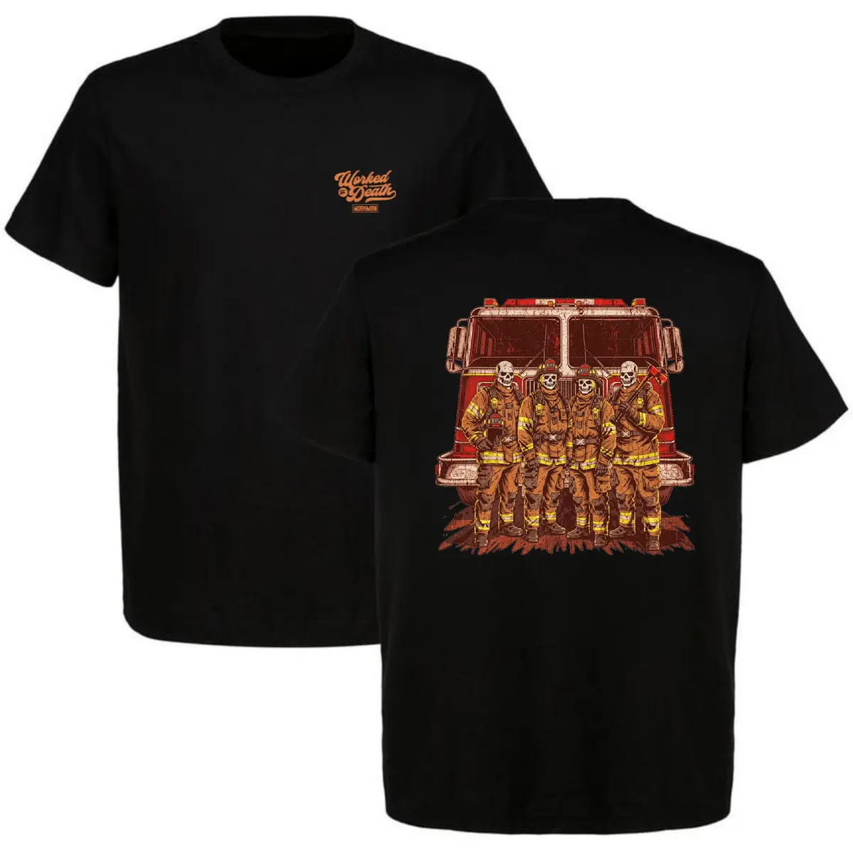 Red Hot Skeleton Fire Crew with Fire Truck Black T-Shirt - Dramatic Flames Fireman Artwork, Powerful Graphic T-Shirt for Firefighters and Risk Takers