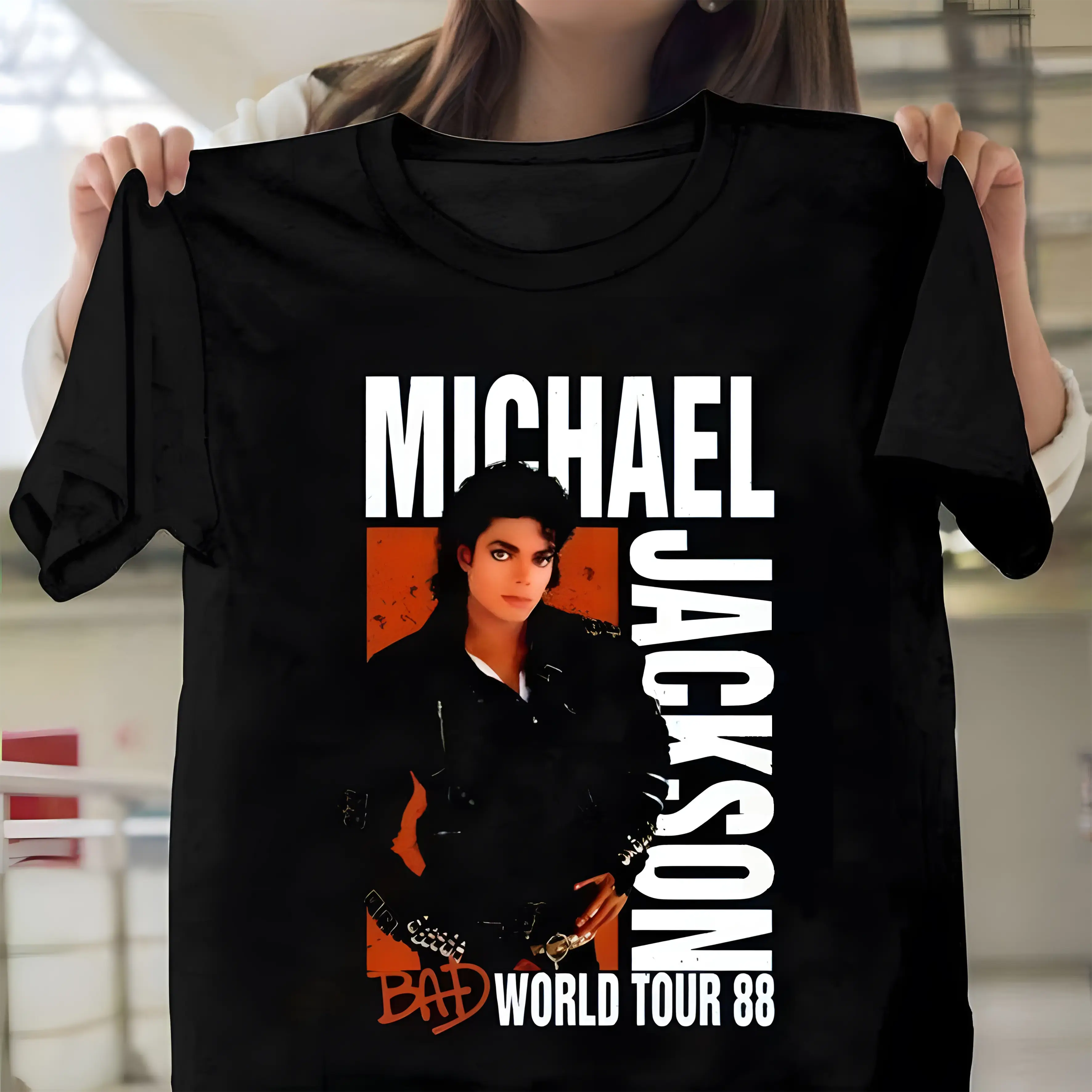 Women's Michael Jackson 88 Bad Tour Digital Print Casual Streetwear T-Shirt - Short Sleeve, Round Neck, Boxy Fit Unisex Vintage Memorial Top for Idol Fans (Check Size Chart), Tshirt, Shortsleeve, Graphic Print, Heavyweight Cotton Holds Its Shape, Retro Ba