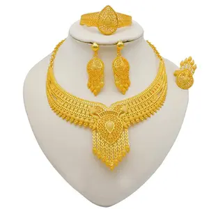 24K Golden Plated Jewelry Set African Women's Banquet Wedding Necklace Dubai  Set Adjustable Promise Ring with Heart Box