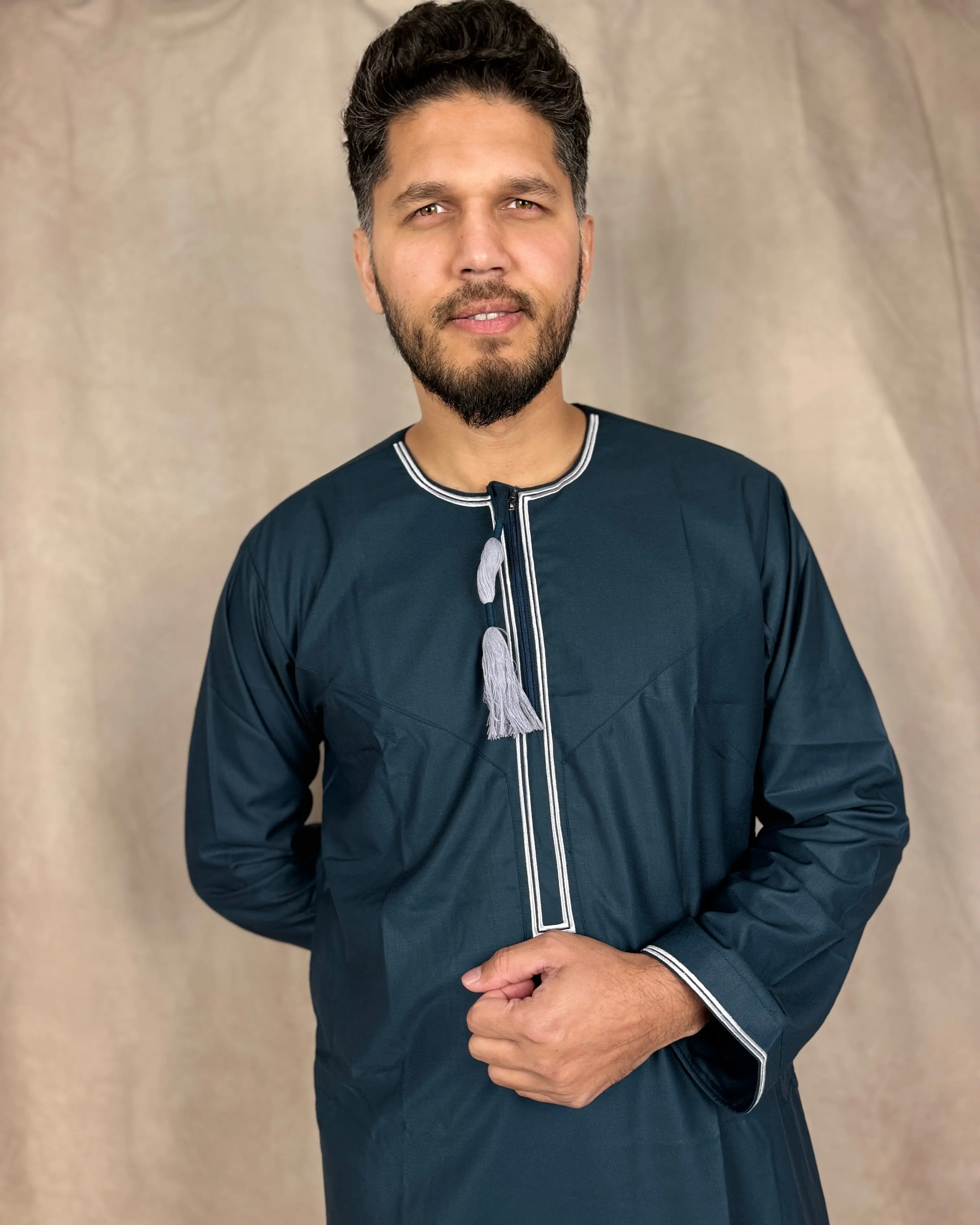 Classic Omani Style Thobe – Green with Black Tassel
