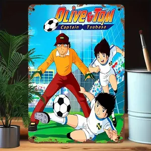 Captain Tsubasa Letter Pattern Aluminum Sign, 1 Count Football Player Pattern Wall Decor, Wall Art for Home Living Room Bedroom Office, Ornaments