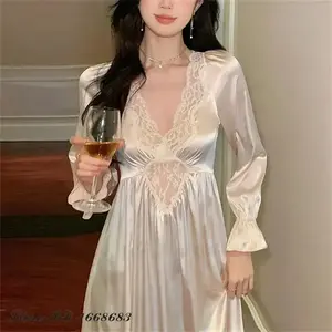 Female Long Nightdress Retro French Court Style Princess Nightgown Sleepwear Spring Autumn Loose Rayon Home Clothes Lounge Wear Womenswear Loungewear