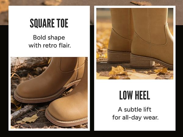 JUST FAB Women's Banana Knee High Boots Square Toe Eco Leather Cowboy Boots, Pull-On Block Heel Western Fashion Boots for Fall Chunky Riding Boots Low Heel Shoe Footwear Stylish Leather Platform Campus Boots for Comfortable Riding Tall Boots BackToSchool