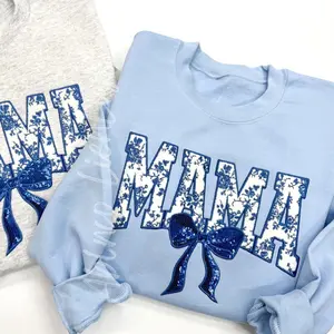 Blue Floral Mama Bow Sequins Women's Sweatshirt - Pullover - Womenswear