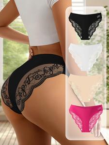QUASTI Women's 4-Piece Mid-Rise Basic Panties Set - Polyester Spandex Breathable Fabric, Lightweight Seamless Lace Briefs, Elastic Lady Underwear, 4-Colors Mix, S-XXL (Great for Girlfriend Gifts)