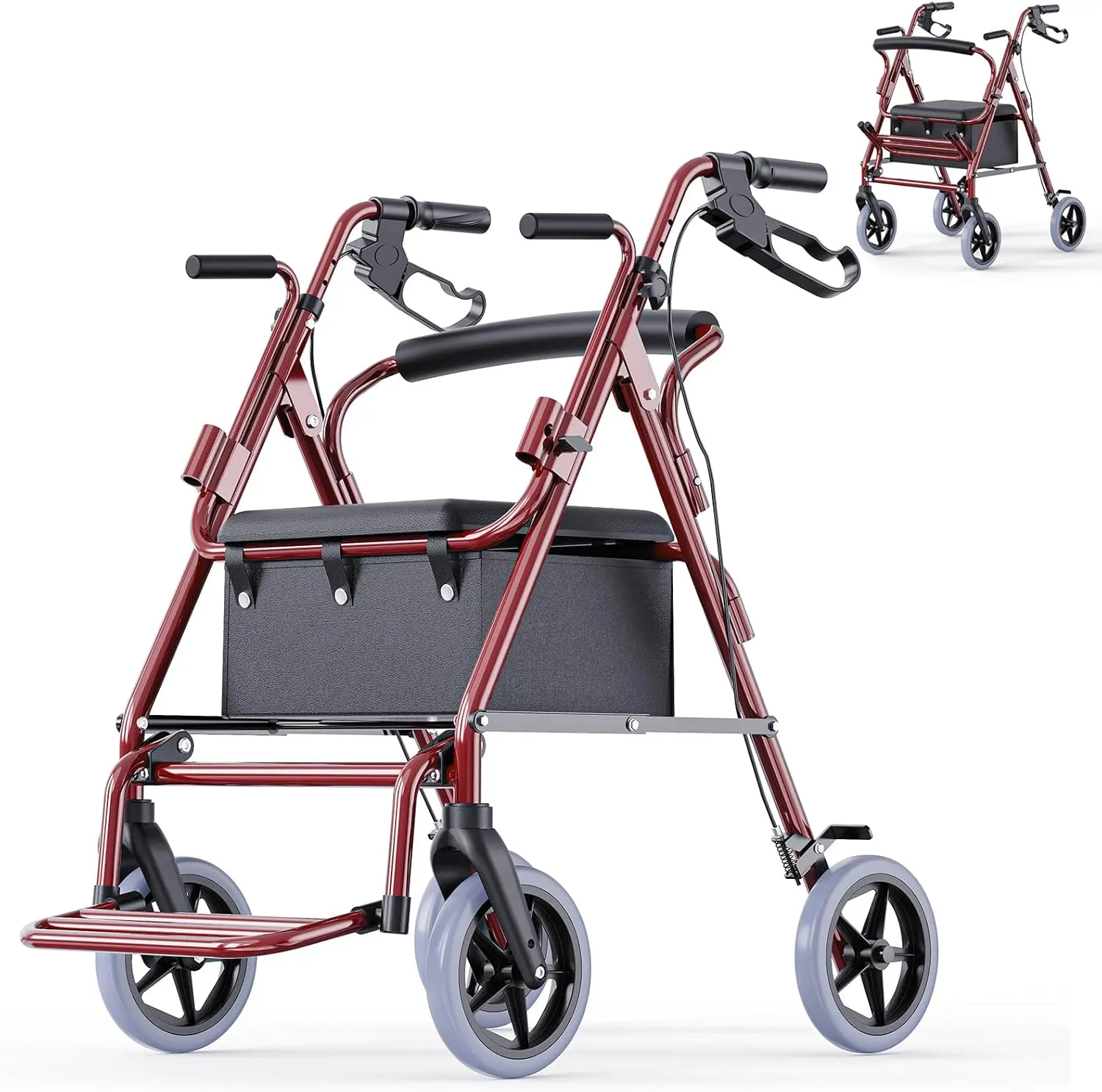 2-in-1 Rollator Walker Wheelchair Combo for Seniors, Foldable Walking Aid with Seat, 8" All-Terrain Wheels, 300 lbs Capacity, Lightweight Mobility Aid with Storage Bag & Adjustable Handles, Red