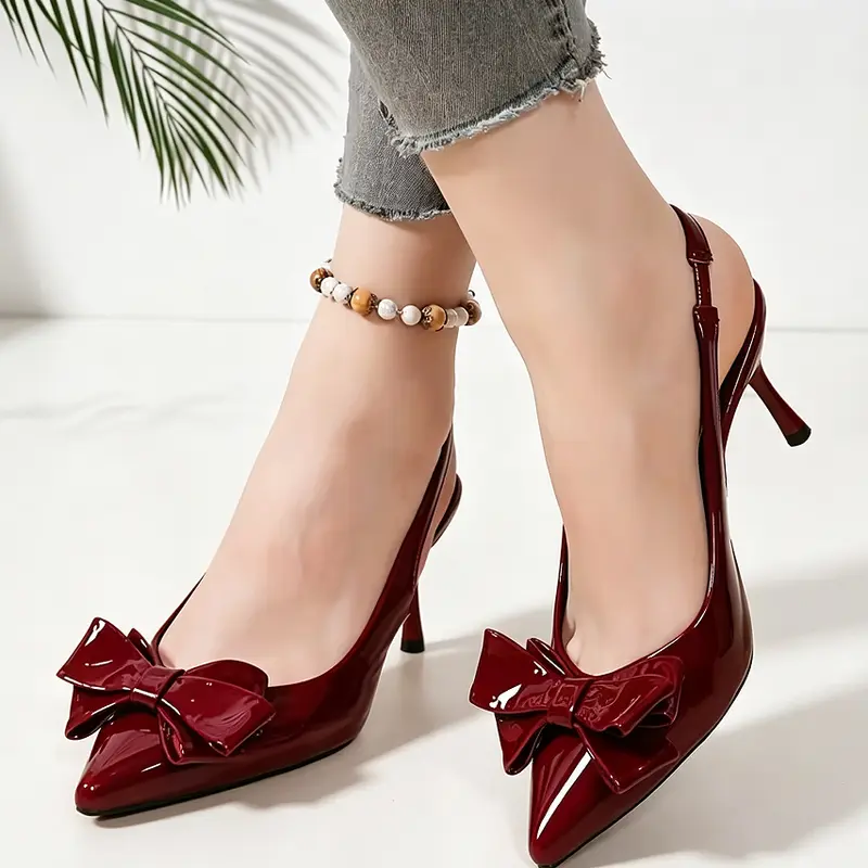 Women's Light Luxury Patent Leather Pointed-Toe Thin Heel Open-Back Pumps - Bow Decoration, Back Strap, Chic Look, All Seasons, Heels for Women, Suitable for Dress, Wedding, Best Friend Afternoon Tea