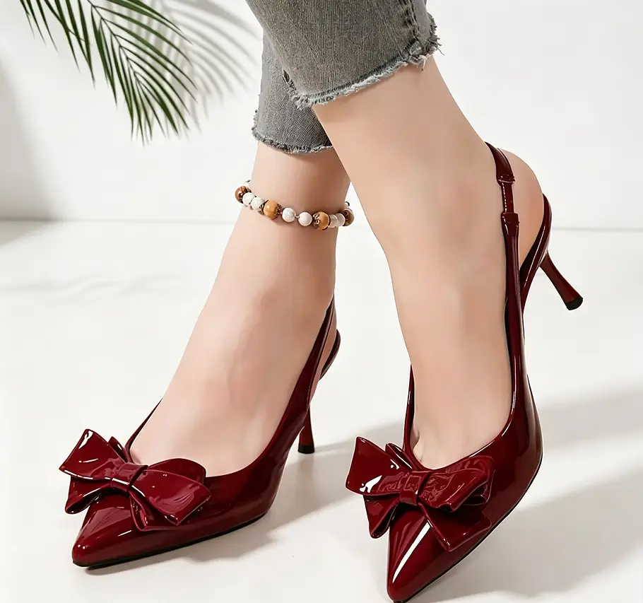 Light luxury patent leather pointed-toe high heels for women with open back, bow decoration, thin heel, and back strap—elegant pumps comfortable casual
