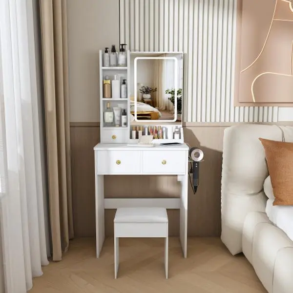 【Deals for You Days】Vanity Desk with LED Lighted Mirror, 3 Adjustable Lighting Modes, Built-in Power Outlet & Hair Dryer Holder, 3 Drawers & Open Shelves, Includes Stool for apartments & small bedrooms