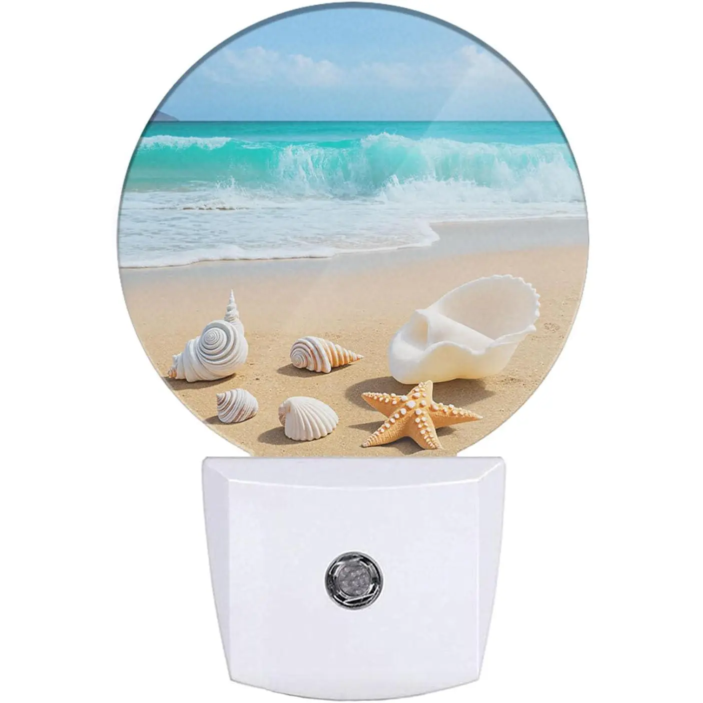 Seashell Nightlight Summer Beach Coral Starfish Blue  Sea Waves Night Lights Plug into Wall  Sensor Round Night Light for Adults Boys Girls, 0.5W Energy Efficient