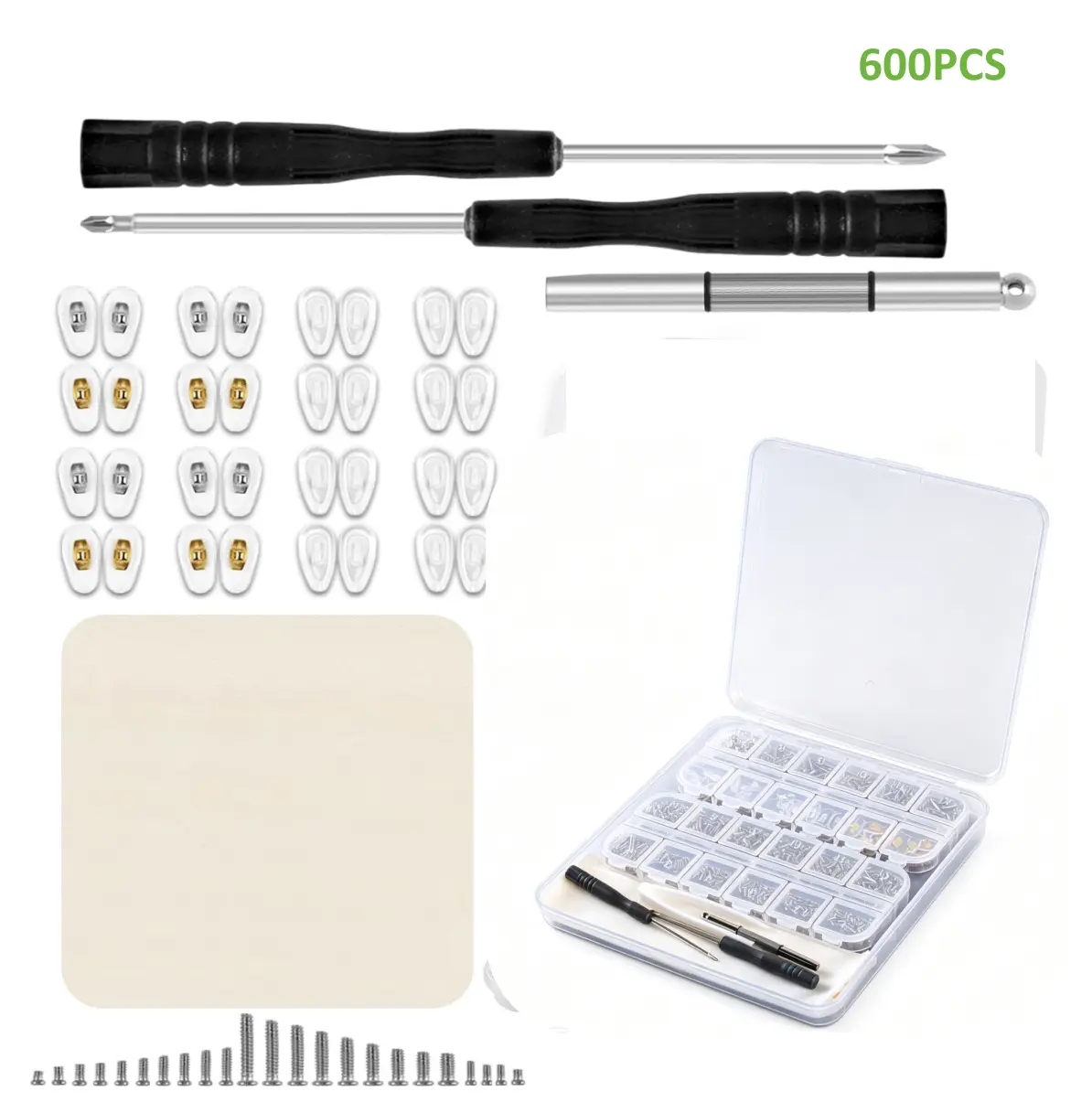 600PCS All-in-1 Eyeglass Repair Kit, Precision Screwdriver Set with Assorted Screws, Silicone Nose Pads & Tweezer for Sunglasses, Watches