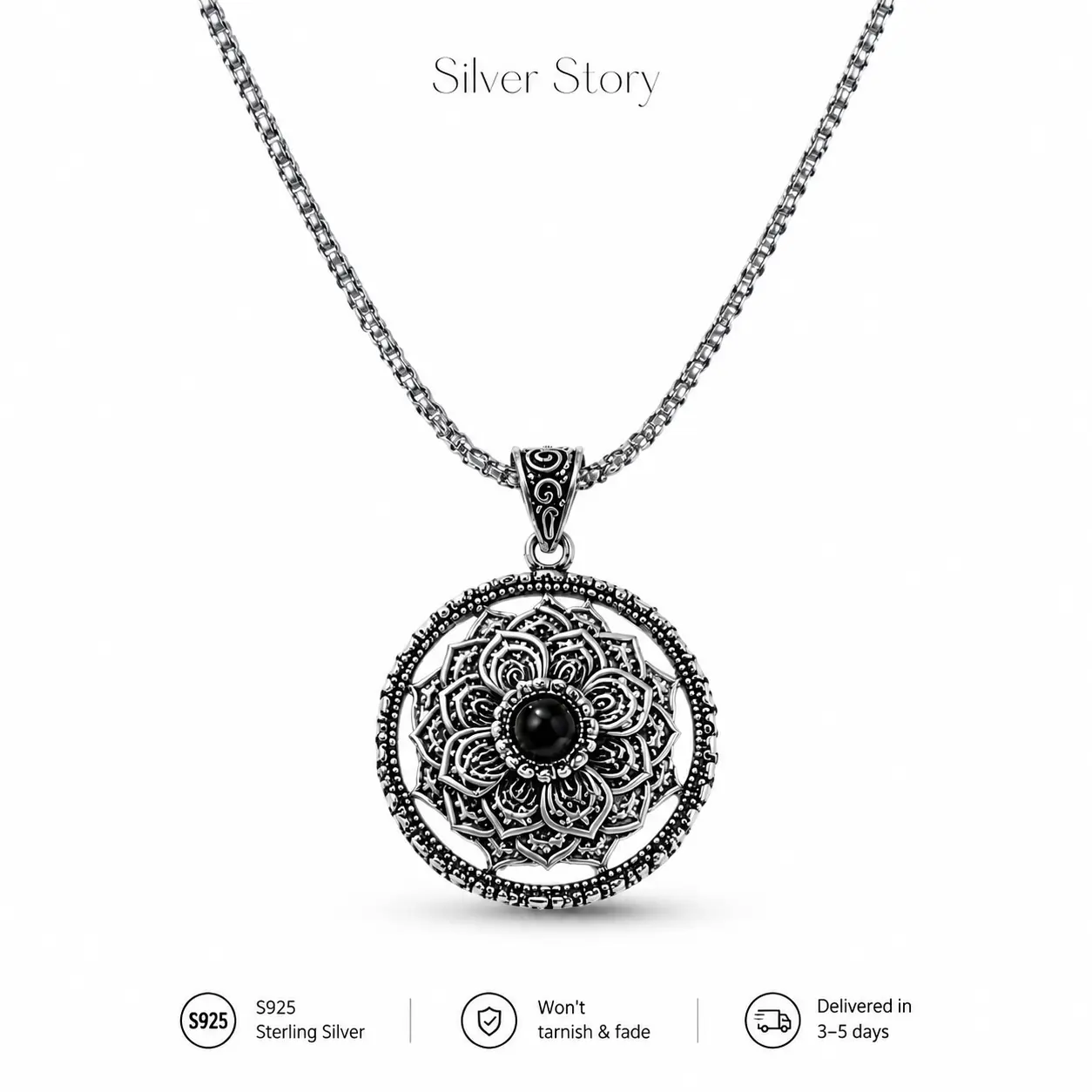 925 Silver Mandala Necklace for Women, Bohemian Lotus Flower Pendant with Black Onyx Stone, Vintage Spiritual Jewelry, Adjustable Chain Gift for Her