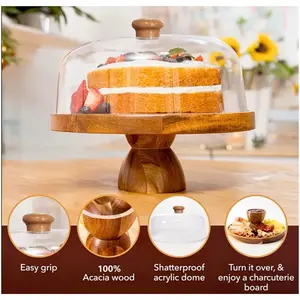 Wooden Cake Dessert Stand Charcuterie Board with Acrylic Dome Cover