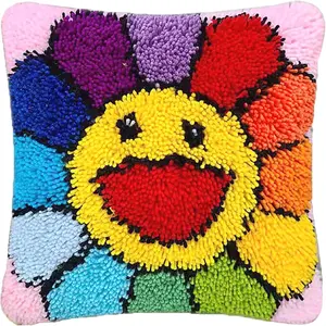 latch hook kits for adults Latch Cushion pcs, Beautiful Colourful Smiling face flower, Pre-printed pattern needle art set DIY pillowcase, for or Beginners Adults to Knott, DIY Latch Hook pcs, 43cm x 43 cm/17inx17in