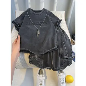 Korean Casual Style Boys' 2pcs Set (3-8Y) - Cotton Vintage Black Letter Print Short Sleeve T-Shirt + Shorts, Daily Outing/Casual Play, Children's Day Outfits Kids Clothes Boys Clothes Kpop, Perfect Outdoor