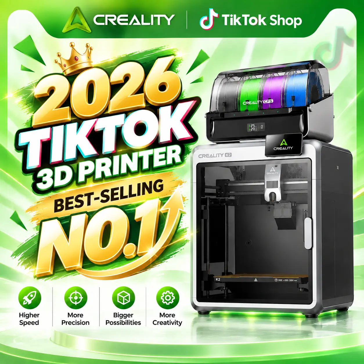 Creality K2/K2 Combo 3D Printer - CFS Multicolor Printing, 600mm/s Speed, 95% Pre-Assembled, Smart AI Camera, Auto Leveling, Next-Gen Direct Drive Extruder, 260×260×260mm Build Volume, for Precision Printing & Crafting
