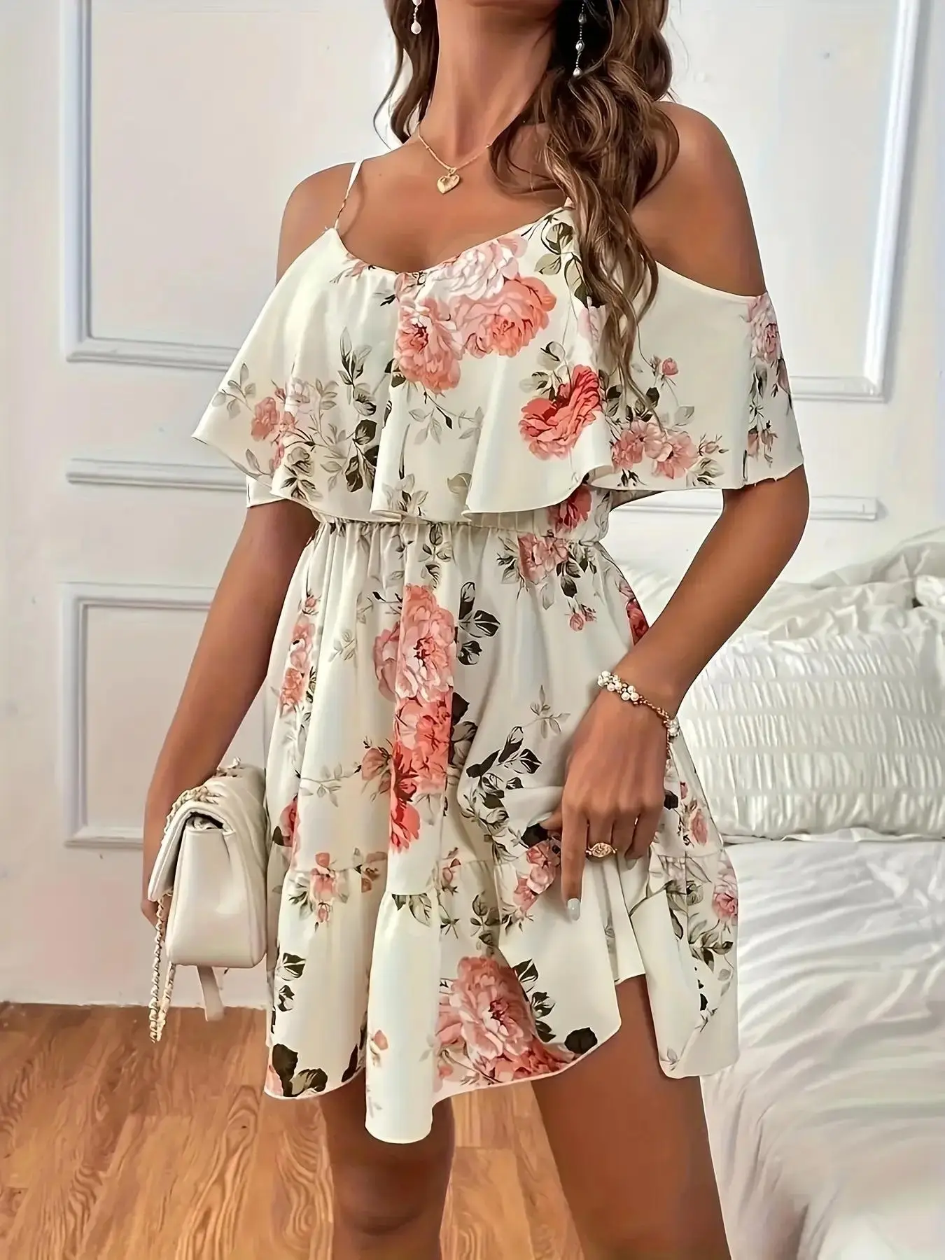 Women's Floral Print Ruffle Trim A Line Spaghetti Strap Dress, Casual Boho Bohemian Style Chic Butterfly Sleeve Adjustable Strap Short Dress for Daily
