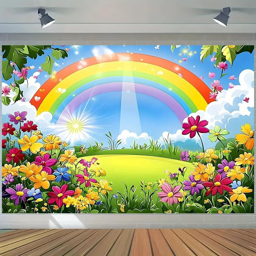 Polyester 2D Flat Printing Backdrop Banner, 1pc Reusable Rainbow Sun Design, Festive Birthday Party Supplies for Home Party & Live Streaming Decorations,summerwins