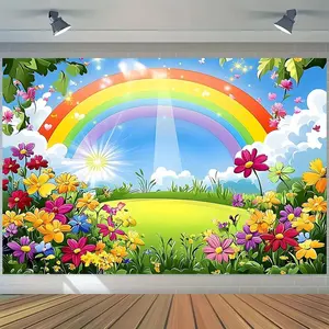 Polyester 2D Flat Printing Backdrop Banner, 1pc Reusable Rainbow Sun Design, Festive Birthday Party Supplies for Home Party Decoration, Live Streaming Background