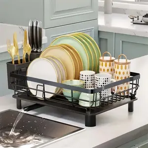 Iron Dish Drying Rack with Drainboard Dish Drainers for Kitchen Counter Sink Adjustable Spout Dish Organiser Strainers with Utensil Holder Knife Slots