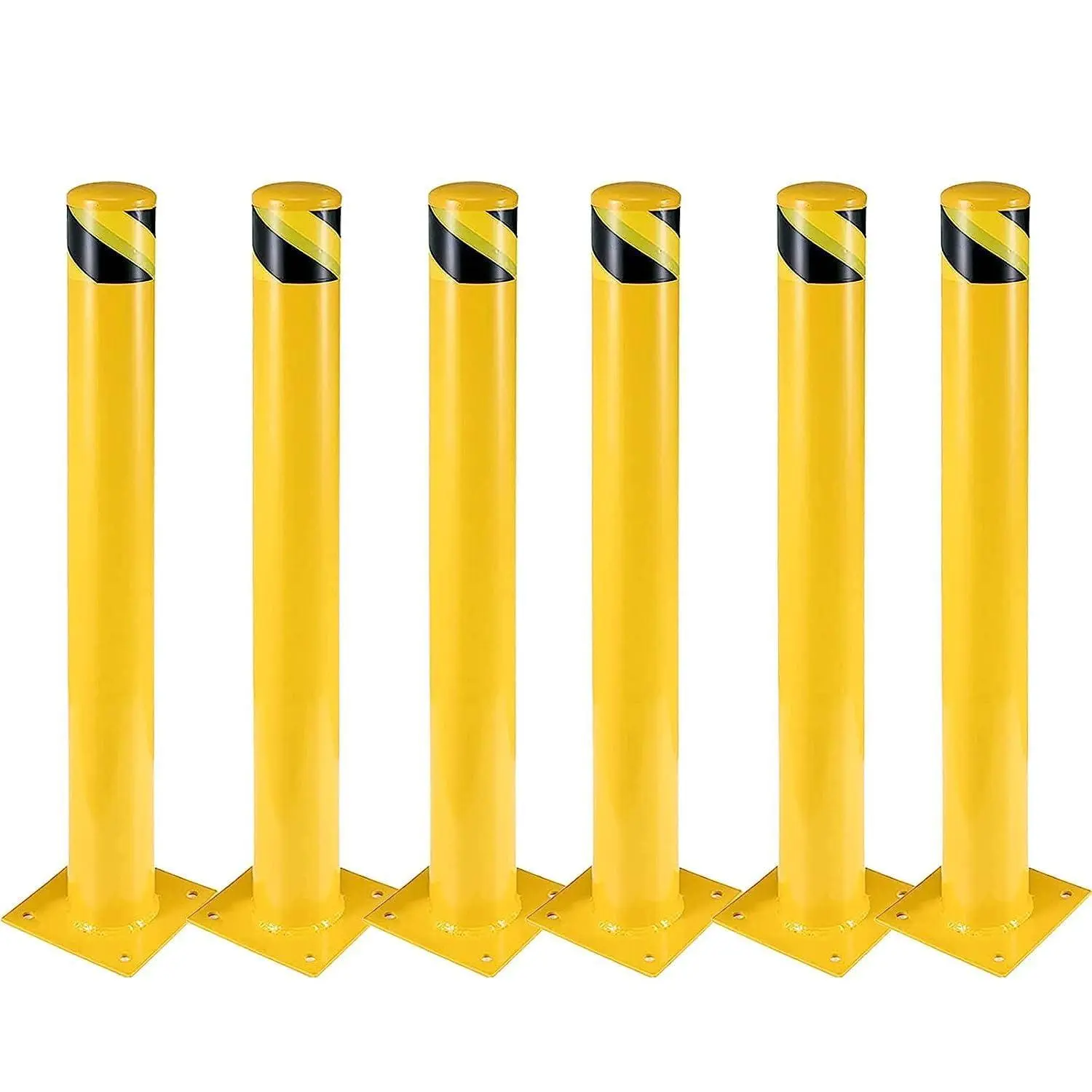 GARVEE 6-Pack 48 Inch Steel Safety Bollards, 4.5 Inch Diameter Parking Bollard Post with 24 Anchor Bolts, Yellow Safety Steel Bollard Post for Driveway Barrier, Traffic Control & Storefront Protection