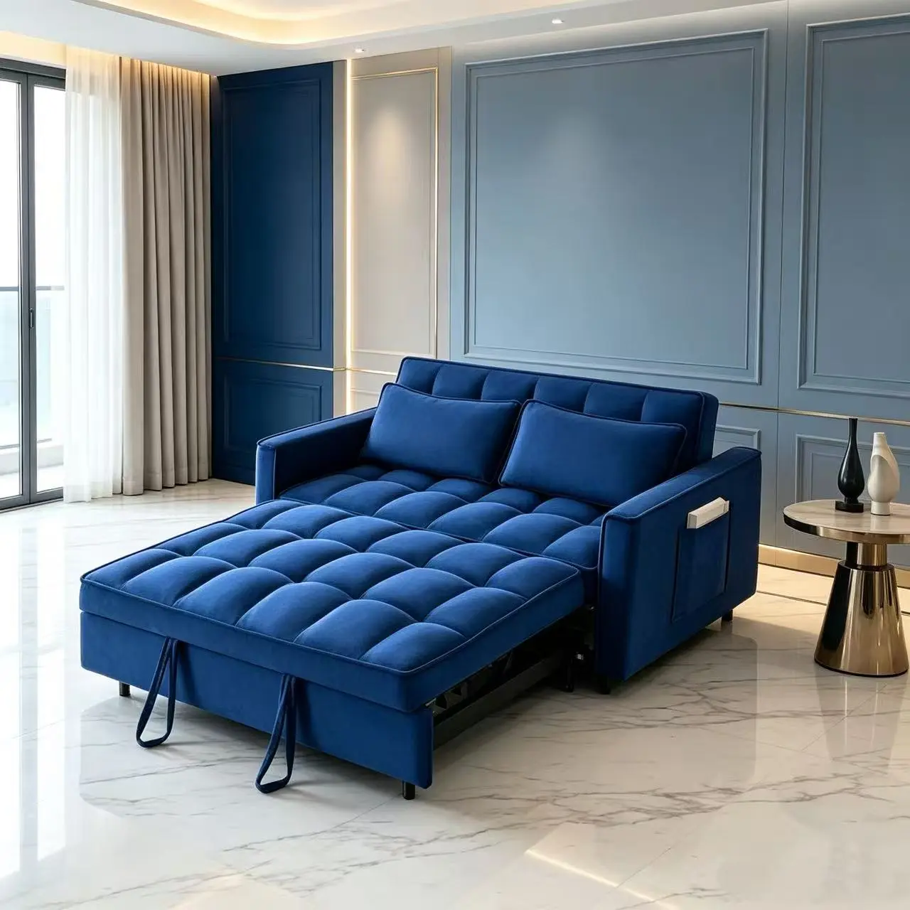 [Bellemave]The 55-inch dreamlike blue velvet sofa is elegant and convenient with pockets, cleverly interpreting the art of three-in-one conversion.