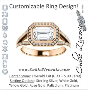 Cubic Zirconia Engagement Ring- The Kay Adaira (Customizable Bezel-set Emerald Cut with Halo and Split-Pavé Band)