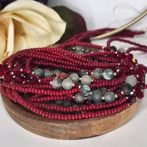 African Blood Stone Waistbead Strand - Tie on - 50 Inches - Gold-filled + Crystal Accents
