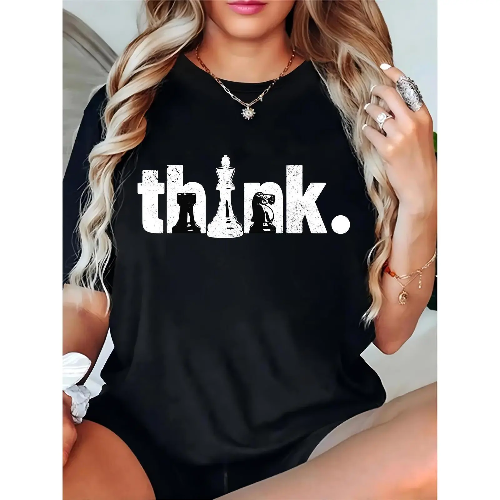 Women's Black "Think" Chess Pieces Graphic T-Shirt | Casual Game Night & Chess Enthusiasts Casual Top