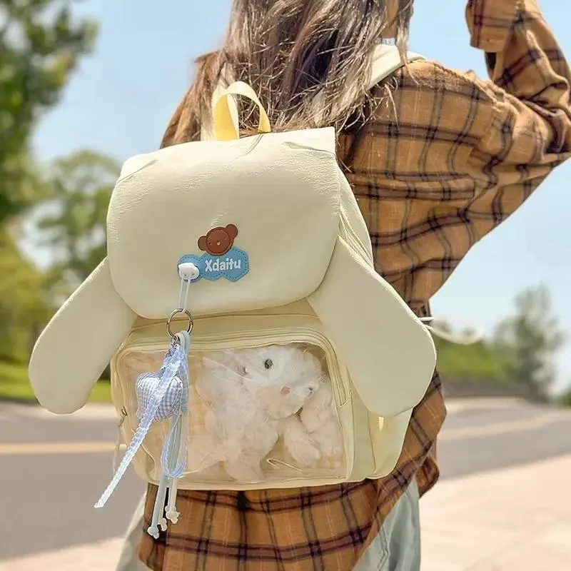 Y2k Bow Rabbit Ear Japanese Ita Backpack Lolita Girl's Transparent Bag Cute High Capacity Rucksack Preppy Style Ruffled Knapsack