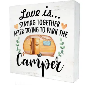 Funny Farmhouse Camping Wood Box Sign Home Decor Rustic RV Love is Staying Together Wooden Box Sign Block Plaque for Wall Tabletop Desk Decoration