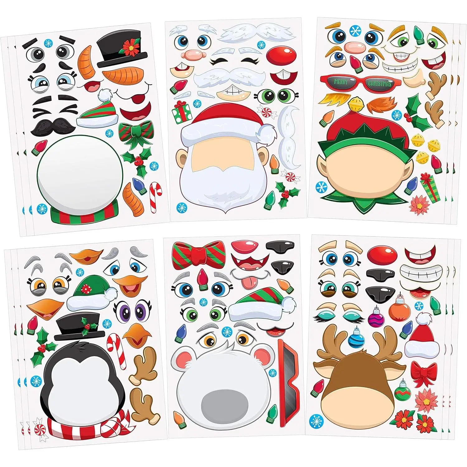 24 Pcs Christmas Character-Based Make-a-Face Stickers - 8x5.4 Inches Reusable DIY Mix-and-Match Sticker Sheets with Elf, Santa, Snowman, Penguin, Polar Bear for Kids' House Party Craft Paper Supplies, Team Work