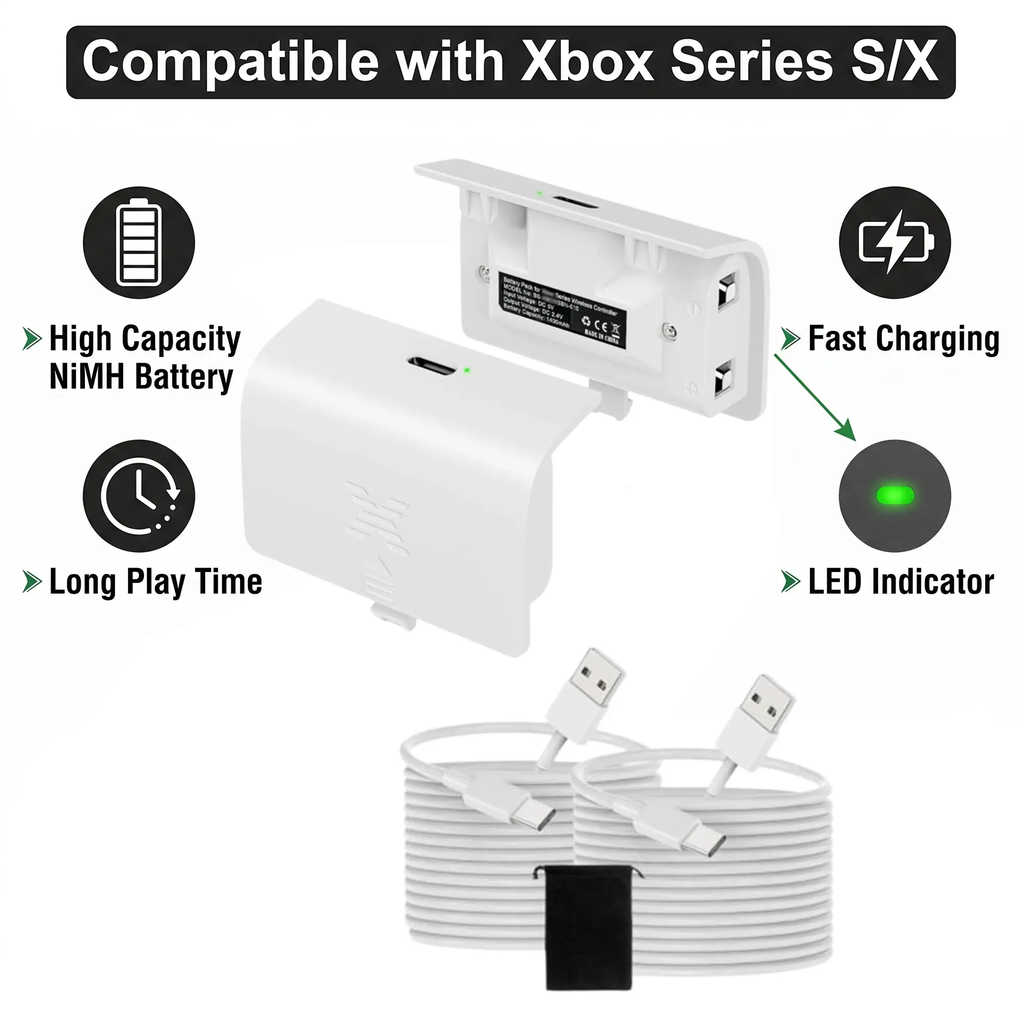 RUNTOGOL Portable Rechargeable Battery Pack with LED Light, 5V Type-C Charging Port, 2×1400mAh NiMH Batteries for Xbox Series S/X (Not Micro-USB Controllers), Charging While Playing Universal Accessory for Smartphones, Walkie Devices
