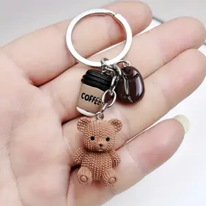 Cute Teddy Bear Coffee Charm Keychain, Cute Charms Keychain, Trendy Cute Keychain, Metal Ring Closure, Birthday Gift for Coffee Lovers, Party Favors, Bag Decor