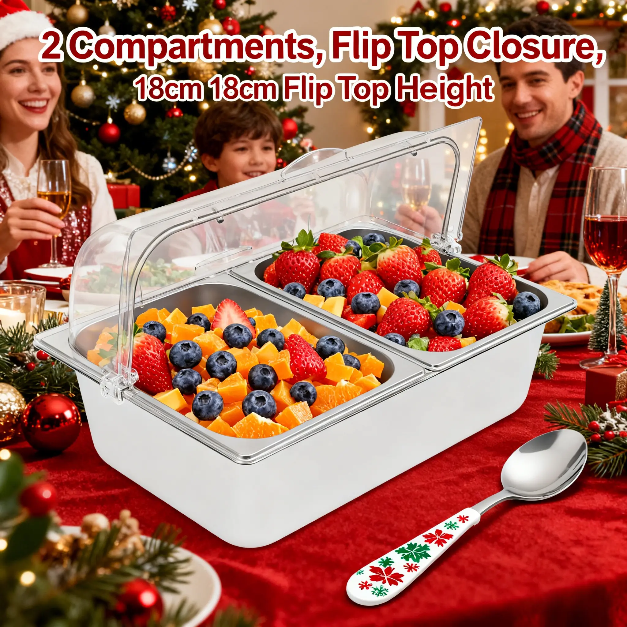 Stainless Steel Rectangular Fruit Storage Containers - 2/4/5 Compartment Double Deck Serving Platter with Airtight Flip Lid, Ice Bag, Dustproof Design, Utensils, Desktop Durable Kitchen Gadget for Gatherings (Assembly Required), Stainless Steel Food Stora