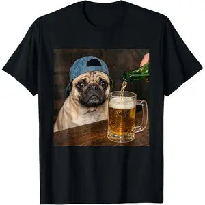 100% Cotton Pug Drinking Beer Funny Pug Dog Meme T-Shirt