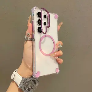 Wireless Charging Magnetic Stand Holder Cases Accessories For Samsung S26 S23 S24 S25 FE Plus S25 Ultra A36 A56 A16 A17 A37 A57 A26 5G Protective Case Clear Camera Flip Cap Lens Protection Cover Protector