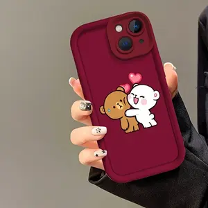 A Stylish And Cute Phone Case Featuring a Wine-Red Background with Adorable Bear Illustrations, Compatible with Iphone 17 Pro Max Plus Air/ 16, 15, 14, 13, 12, 11 Pro Max, XS
