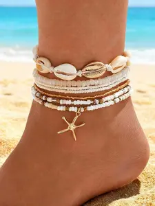 7pcs Boho Style Anklet Set, Dainty Layered Anklet, Rice Beads Shell Starfish Decorations, Perfect for Beach Vacation Summer Party Fashion Accessories, Boho Style Jewelry