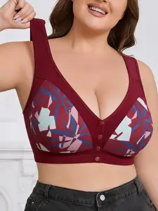 Front Closure Bra for Plus Size 1XL-6XL - Wireless Geometric Print Bralette, Back Smoothing Full Coverage Support, Easy On Off Comfort Bra