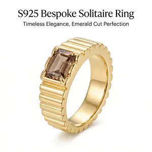 ZR "Golden Spark" Ribbed Band 1ct Emerald Cut Champagne Moissanite Sterling S925 Silver Ring 【Litzy】#4734