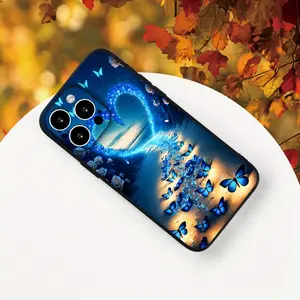 Blue love butterfly pattern, anti-drop, non-slip TPU full-coverage lens mobile phone protective case, suitable for iPhone 17 16 15 14 13 12 11 XS X and other series models, can be given as a gift to friends or family