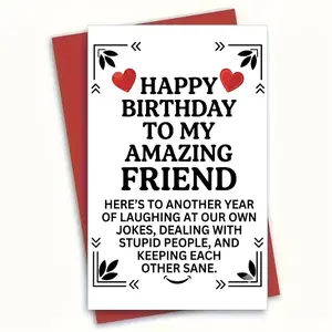 🎁 Funny Birthday Card for Best Friend Women Men, Bday Greeting Card with Red Envelope, Laughing at Own Jokes Gag Gift for BFF Soulmate, 350GSM Premium Glossy 5x7 Inch Card for Bestie Sister Brother, Keep Each Other Sane Milestone 🎂