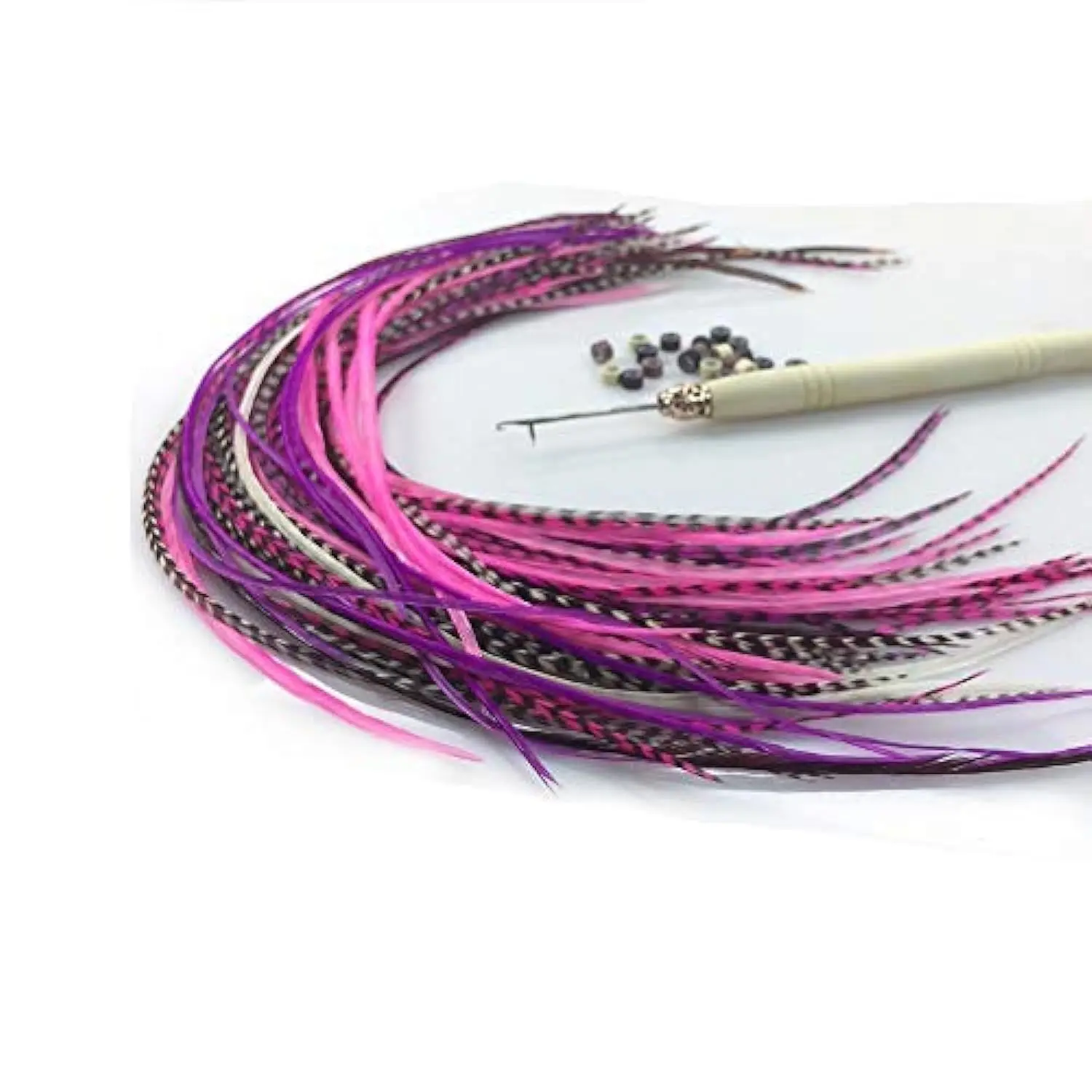 Sexy Sparkles Feather Hair Extensions Kit – 20 Real Rooster Feathers Pink & Purple Mix, 8-11 Inch Hair Feathers with 20 Silicone Beads & Loop Tool