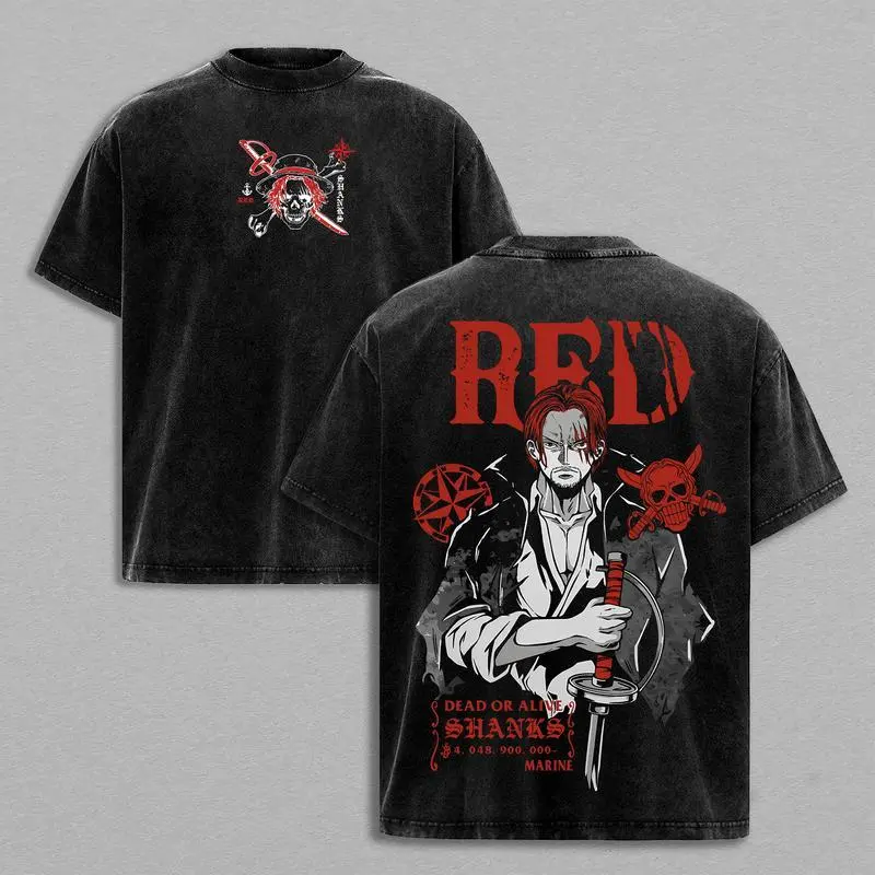 Shanks Red OnePiece Y2K Grunge Vintage Washed T-Shirt, Oversized Pirate Emperor Anime Clothing Tee, Heavy Cotton Retro Streetwear Shirt Gym Pump Cover Graphic Top, Gift for Fans