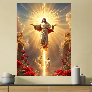 1PC 2D Flat Modern Religious Jesus Christ Canvas Poster - Divine Light Background with Red Rose, Waterproof Christian Wall Decoration, Suitable for Home, Church, Office - Indoor_ Outdoor Spiritual Decoration - Perfect Room Decoration